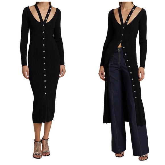 Cinq a Sept NWOT Aaliyah Crystal Button Cardigan Midi Dress Black S